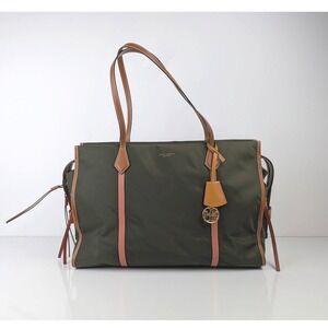 Tory Burch Perry Nylon Tote Bag Olive Green With Leather Trim Shoulder Bag